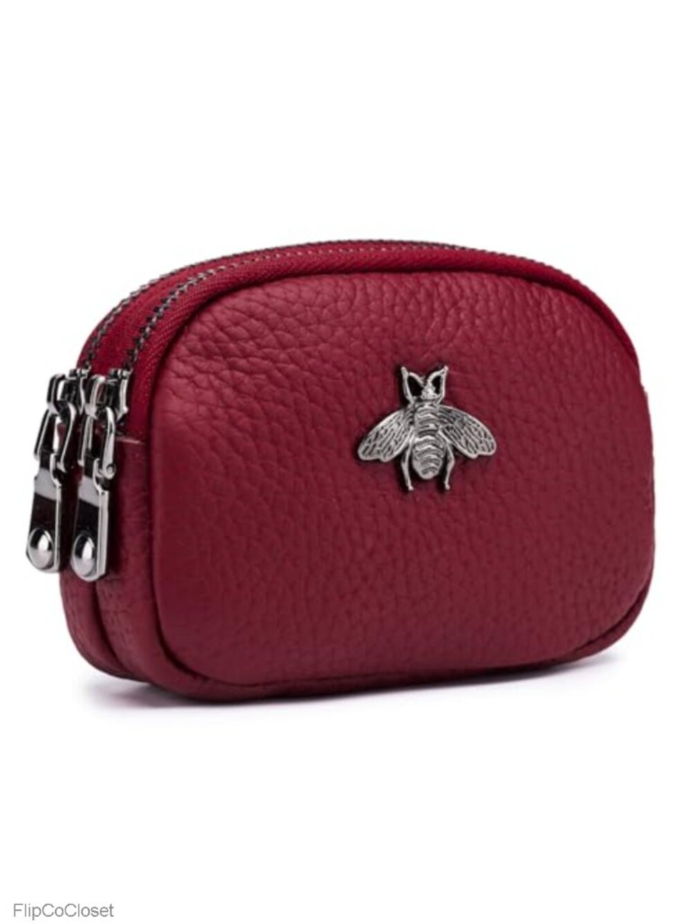 Genuine Leather Zipped Coin Purse Small Wallet with Bee Décor